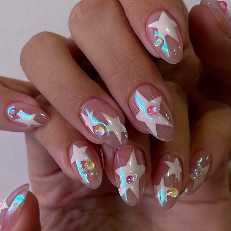 24 Pieces of Electroplated Almond-Shaped Short Press-On Nails, Popular Cross-Border Nail Art, Cute Star Glitter Fake Nails 24 Pieces of Electroplated Almond-Shaped Short Press-On Nails, Popular Cross-Border Nail Art, Cute Star Glitter Fake Nails