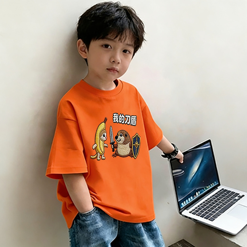 2026 Boys' Shirt with My Sword and Shield Puppy Embroidery Print, Children's Summer Casual Versatile Stylish Short-Sleeve Top
