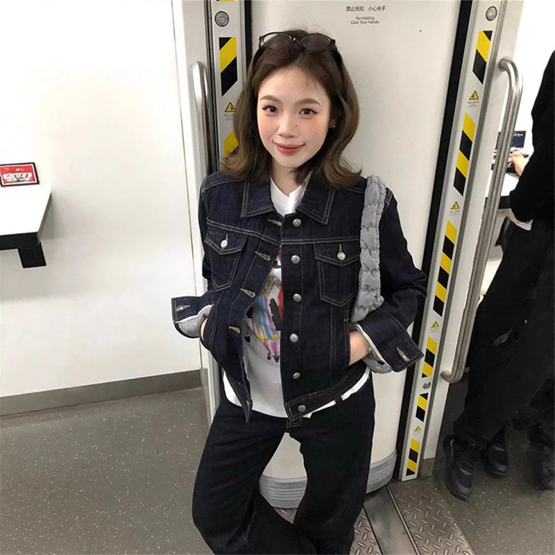 High-End Dark Blue Short Denim Jacket for Women 2026 Spring and Autumn New Style Jacket with Visible Stitching Long-Sleeved Top