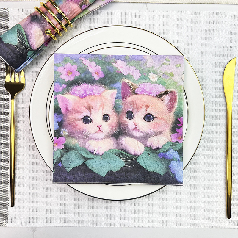[in stock] printed napkin cute cat decoration festival party high-end hotel restaurant cross-border raw wood pulp