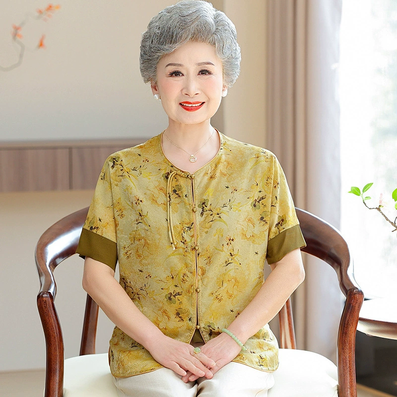 2025 новый летний костюм бабушка новая китайская рубашка пожилая мама костюм с круглым вырезом