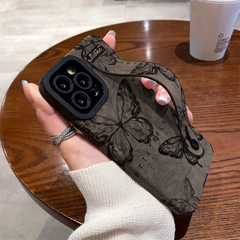 Black Butterfly Wristband Holder Suitable for Iphone16Promax Mobile Phone Case Apple 15 Suede 13 Niche 14