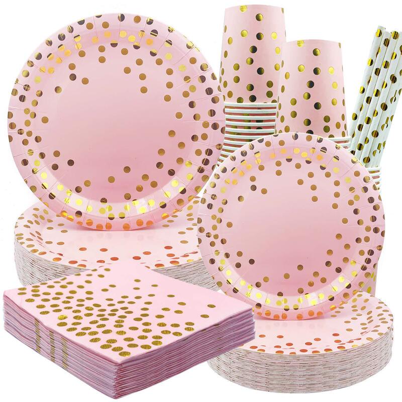 Gold-Stamped Small Dot Pink Tableware Set, Thickened Paper Cups, Paper Plates, Paper Napkins, Disposable Cutlery for Parties and Birthdays, in Stock Gold-Stamped Small Dot Pink Tableware Set, Thickened Paper Cups, Paper Plates, Paper Napkins, Disposable Cutlery for Parties and Birthdays, in Stock