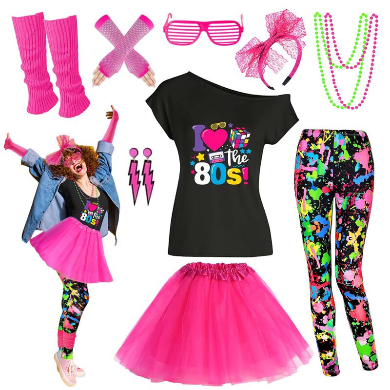 80S Women's Clothing Set Accessories Combination T-Shirt Shorts Tutu Dance Skirt Leg Warmer Belt Hair Band Lp094