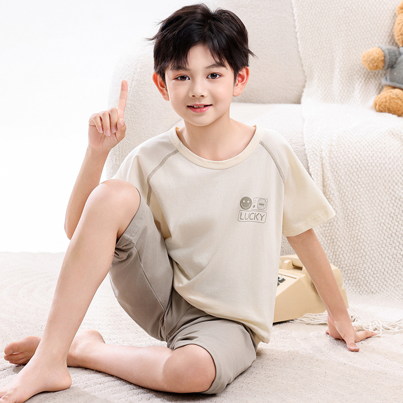 Children's Pajamas, Boys' Home Clothes, Kids' Air-Conditioning Clothes, Boys' Pure Cotton Short-Sleeved Suits, Big Kids' Suits, Summer Shorts, Breathable