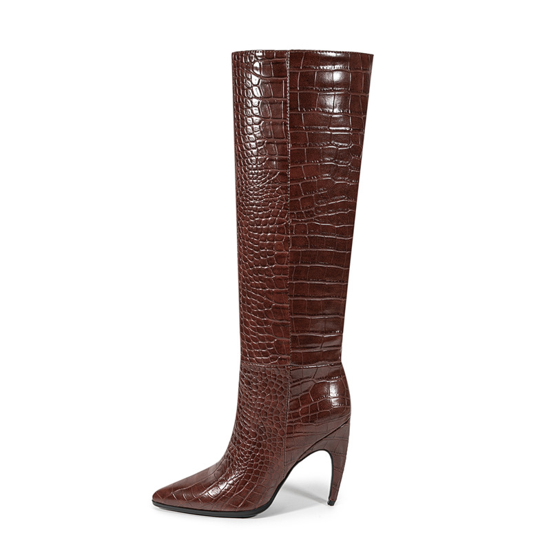 High-End Crocodile Pattern Boots, European and American Pointed-Toe Boots for Women, No More Than Knee-High Kitten Heel High Boots, Thick Heel Sleeves
