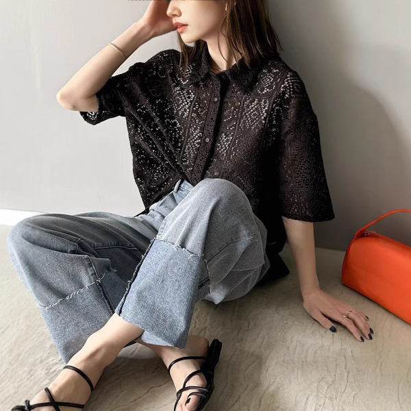 Cross-Border Japanese and Korean Export Women's New Style Crochet Block Lace Short-Sleeved Shirt for Women