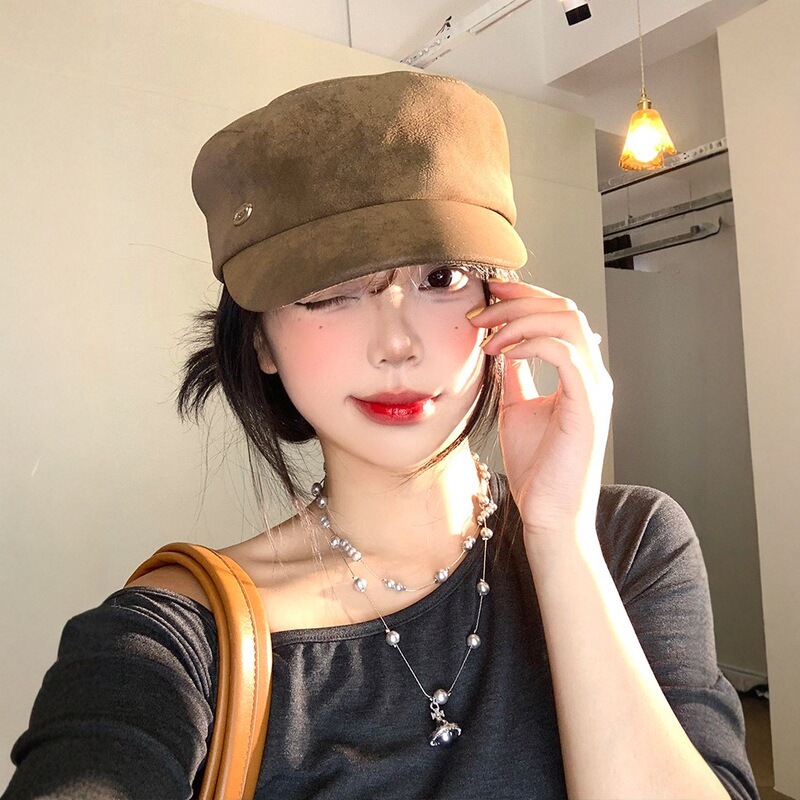 复古高级感麂皮绒鸭舌帽子女秋冬季英伦时尚马术帽气质潮搭报童帽|undefined