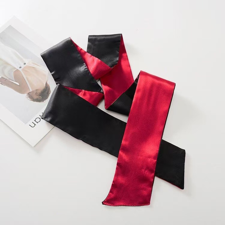 Silky Ribbon Eye Mask with Hand-Tied Bow, Light-Blocking Blindfold, Black and Red — detail image 5