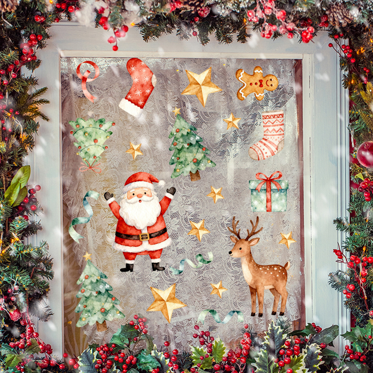 Christmas Wall Stickers Santa Claus Kitten Bear Window Decals_voghion.com