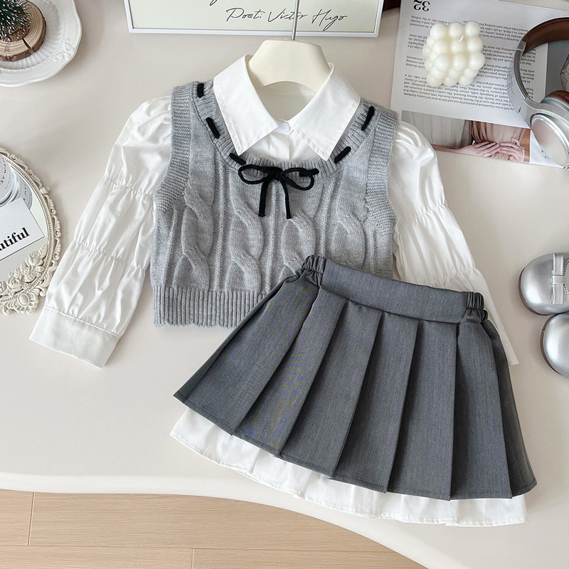 子供服のスカートの新型春秋女児気質学院風子供服の子供襟のシャツのワンピースの3点セット|undefined