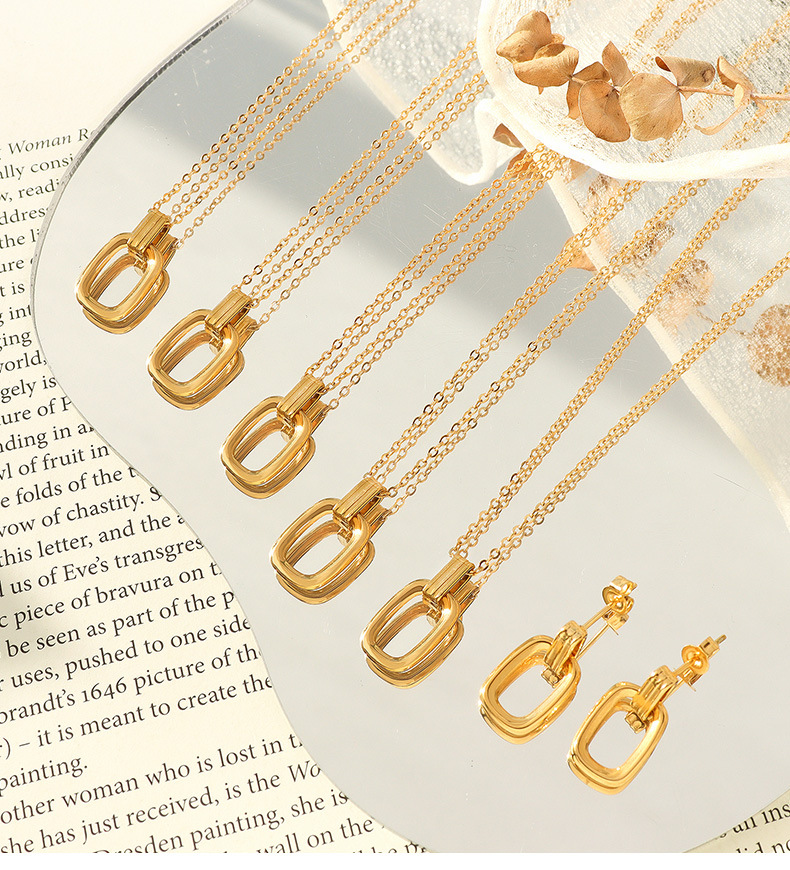 ins jewelry retro oval pendant titanium steel 18k geometric hollow necklace earrings