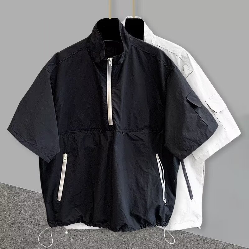 Cross-Border Solid Color Workwear Stand Collar Jacket Men's Korean Style Trendy Versatile Handsome Loose Half-Zip Design Short Sleeves