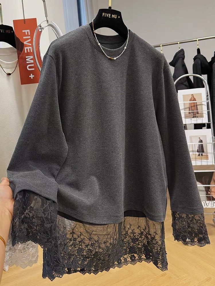 European Design Lace Long-Sleeved T-Shirt for Women in Autumn and