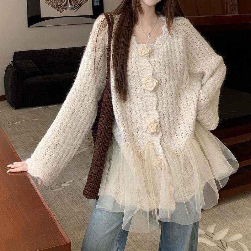 2025春秋季女装法式纯色立体花朵长袖毛衣小众别致百搭宽松上衣潮|undefined