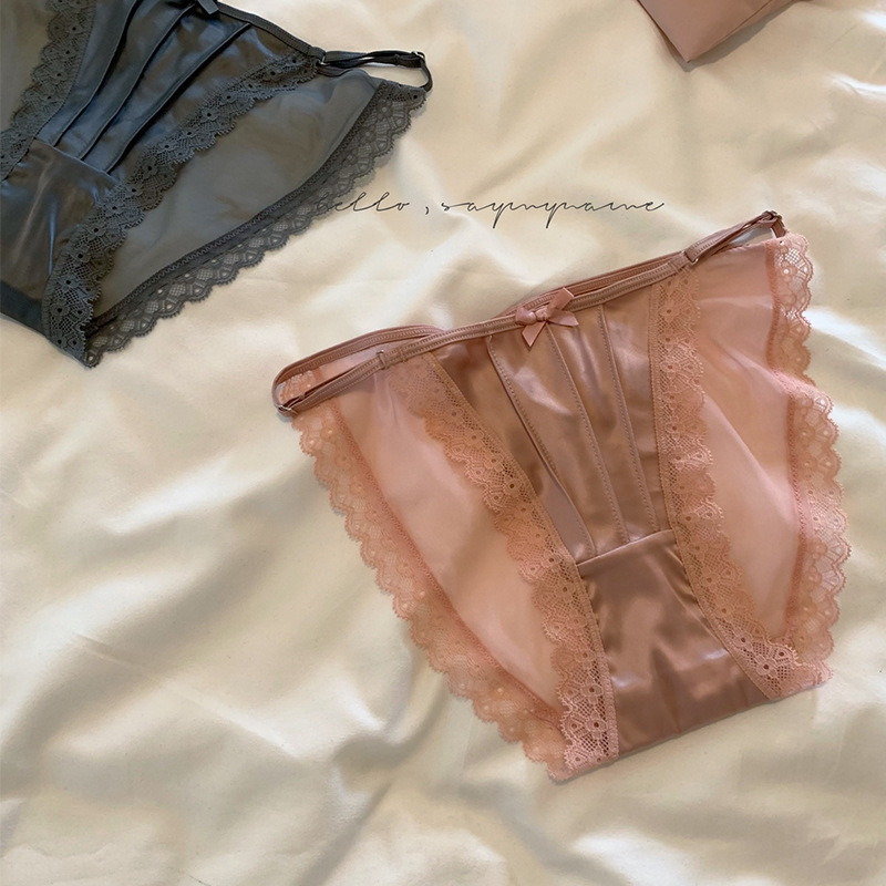 High Luxury Satin ~ High Split Lace Women's Underwear Naked Sense No Mark Low Waist Pure Cotton Crotch Striped Translucent Briefs