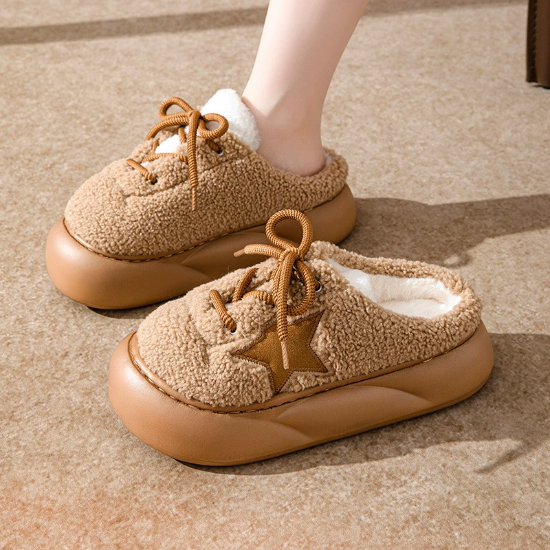 Теплые женские домашние тапочки на толстой подошве из хлопка, зима 2024, нескользящие, с мехом, для дома и улицы, увеличивающие рост.