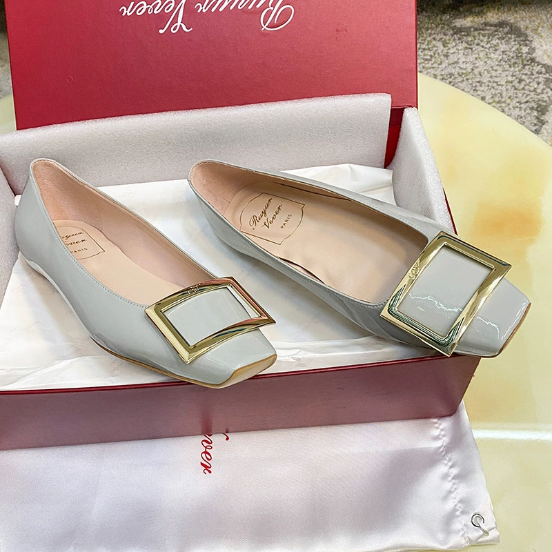 2025 new RV patent leather square toe flat shoes for women's shoes for workplace commuting OL shallow mouth height-enhancing single shoes factory direct sales