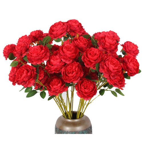 Simulated Flowers 3-Head Peony Silk Flowers Artificial Flowers Dried Flowers European Western Rose Decorations Wedding Celebration Manufacturer Wholesale