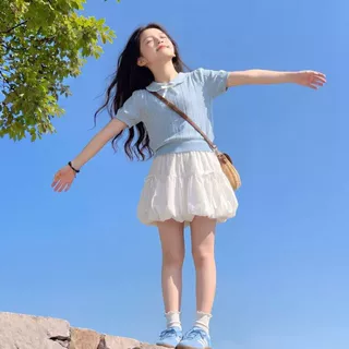 童装女童大量现货娃娃领针织上衣冰丝花苞套装