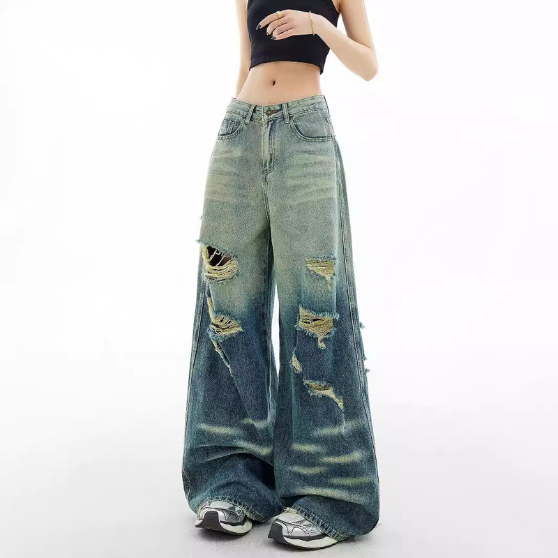 Distinctive Ripped Trousers Casual Vintage Washed Distressed Crease Textured Wide Leg Pants Straight Leg Jeans
