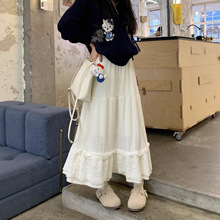 实拍~2025年冬季新款韩系ins绒感白色半身裙长款加厚花边A字裙