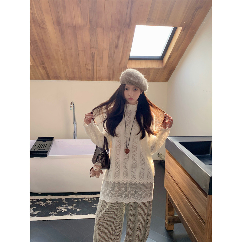 肥柒柒~大码气质百搭蕾丝打底衫女小高领上衣拖地裤直筒裤套装|undefined