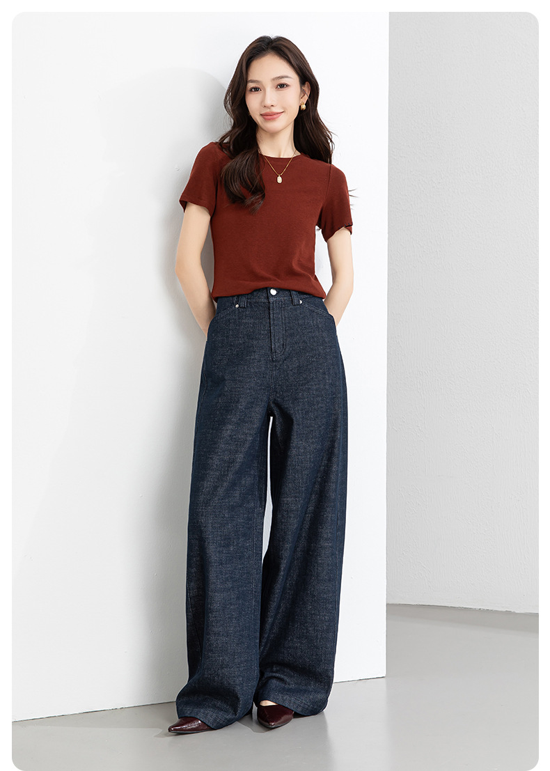 Quần jean nữ ống rộng cạp cao dáng suông dài chấm đất — Xanh da trờicolor chi tiết 19
