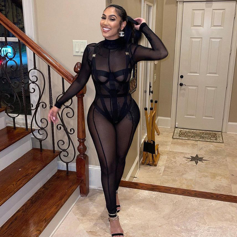 high neck long sleeve high waist slim see-through jumpsuit NSLHC117480