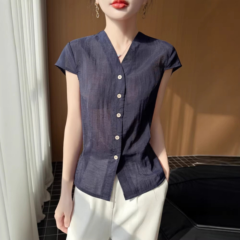 2026 Spring and Summer New Style V Neck Cardigan Short-Sleeved Women's Shirt Pure Color Loose and Versatile Design Top Shirt