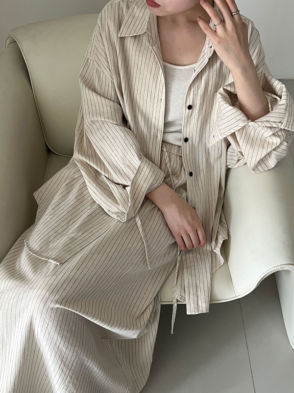 鹿西 棉麻条纹衬衫+同色系半身裙女25秋季新款韩系简约两件套8513|undefined