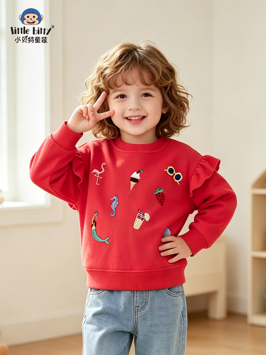 Girls' Red Crew Neck Sweatshirt, Fall/Winter 2026, Cartoon Mermaid Print, In-Stock, Long Sleeve Children's Clothing