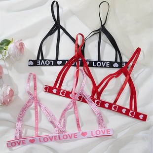 Cross-Border Sexy Sexy Camisole Pink Love Sports Letter Belt Three-Piece Set Flirting Sexy Hollow