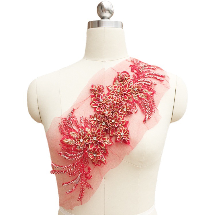 外贸手工钉珠金银线边蕾丝花贴 红色黑色紫色立体蕾丝花片5色