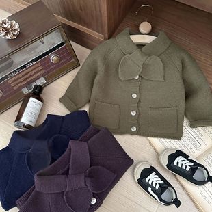Children's Sweater 2025 Spring New Western Style Baby Boys and Girls Bow Scarf Collar Knitted Sweater All-match Trendy Cardigan