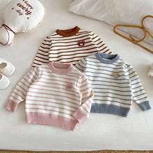 女童条纹毛衣2025新款冬季宝宝洋气贴标卡通针织衫儿童加厚套头衫