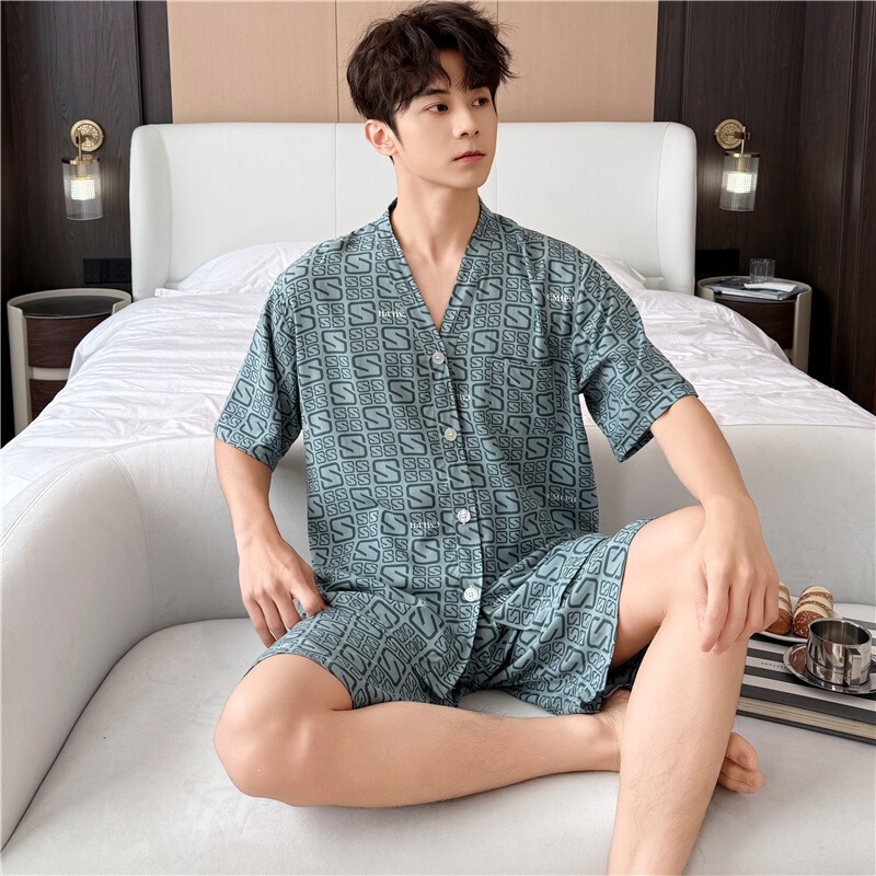 Summer Thin Geometric Shirt-Collar Pajamas for Men, Middle-Aged Dad Style Set, Light Luxury, Can Be Worn Outside, Cotton Silk Loungewear