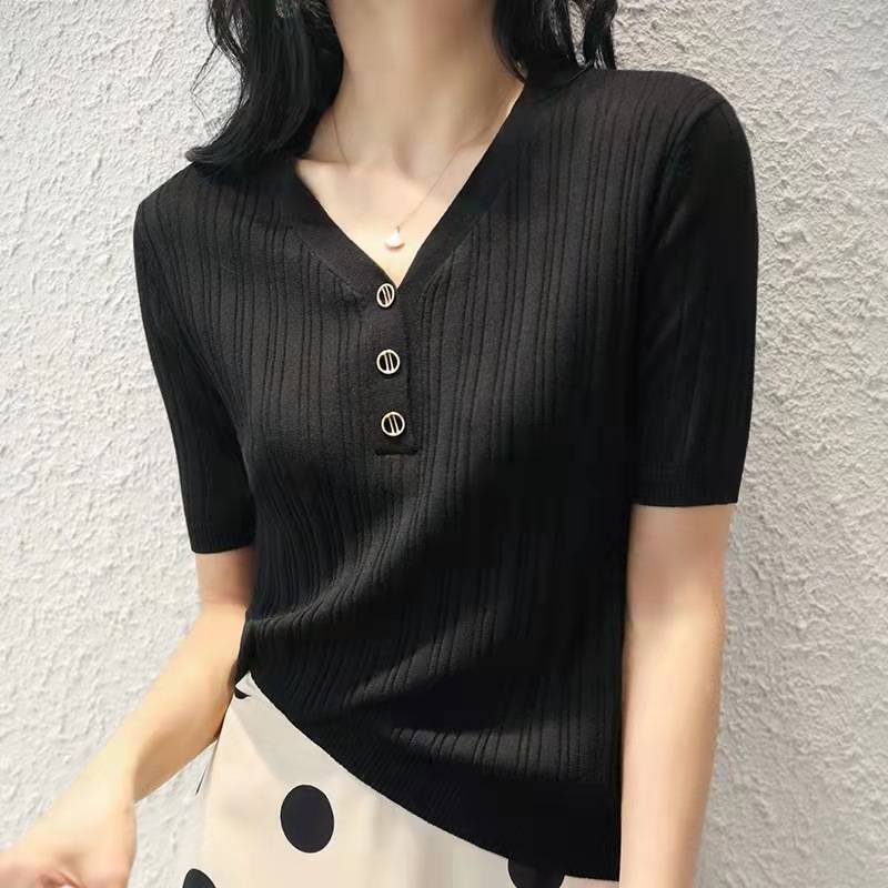 Pin Ge's Brother's Mall Same Style 2025 Summer V-Neck Slimming Vertical Striped Short-Sleeve Ice Silk Knit Top T-Shirt for Women Pin Ge's Brother's Mall Same Style 2025 Summer V-Neck Slimming Vertical Striped Short-Sleeve Ice Silk Knit Top T-Shirt for Women
