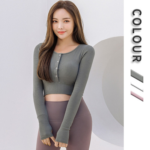 New Korean style yoga suit, long-sleeved T-shirt, women, half-button, figure-fitting, elastic sports and fitness suit, T-shirt, women, with chest pad