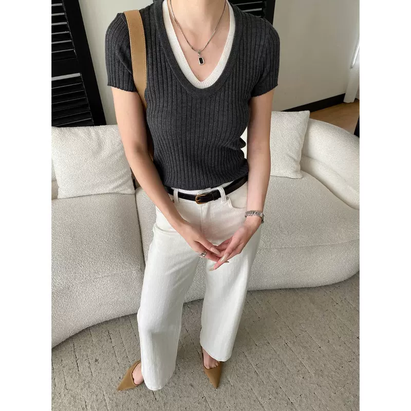 司南 简约公式 设计感假两件撞色双层U领显瘦短袖针织衫 SN8769