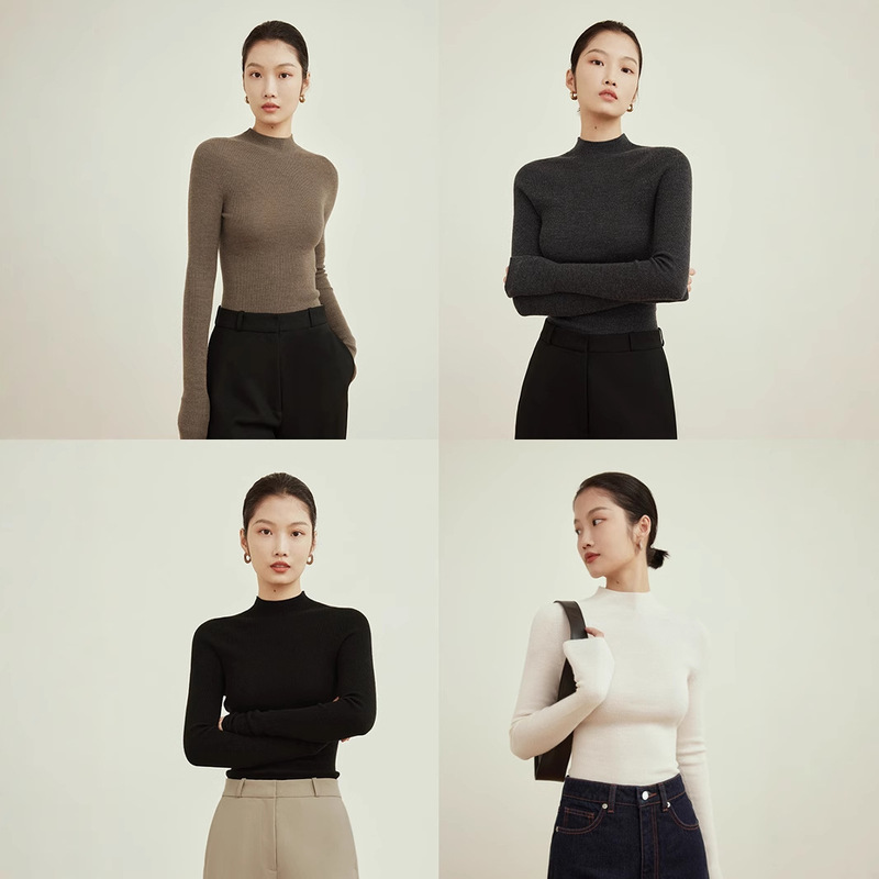 Women's Clothing Factory 2025 New Model Machine Washable 100% Wool Seamless Half-High Collar/High Collar Knitted Base Wool Sweater