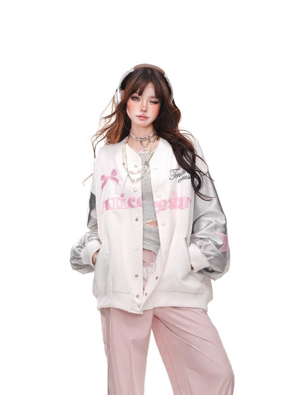 跨境时尚慵懒潮流流行美式蝴蝶结星星刺绣棒球外套女ins气质新款|undefined