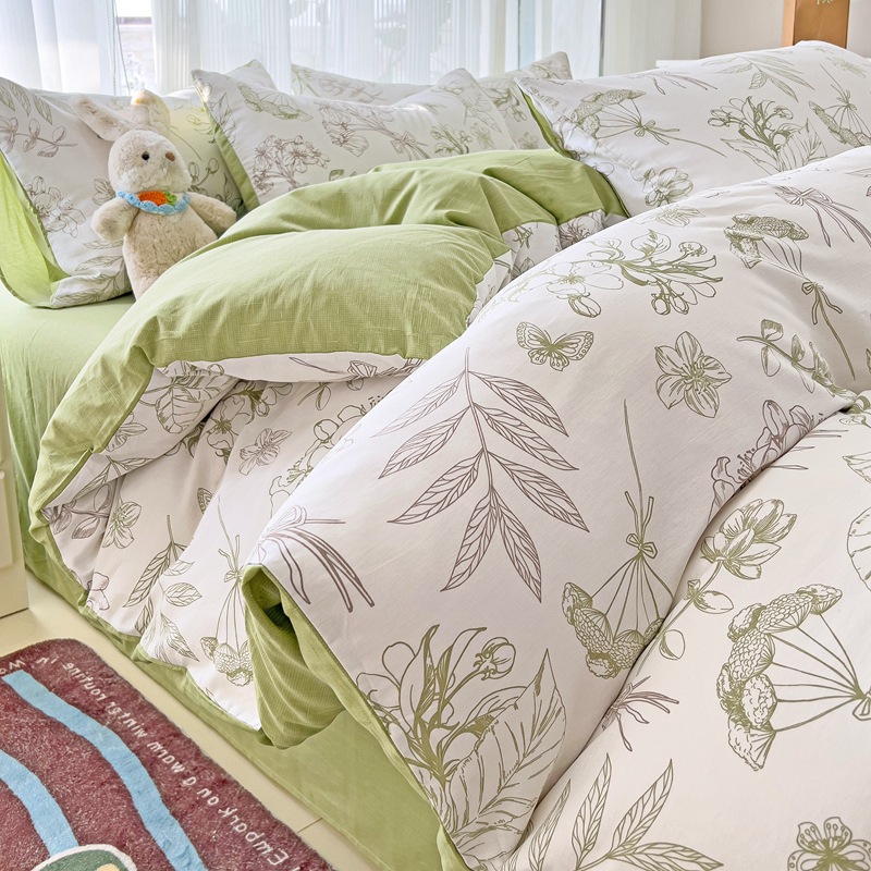 Personalizado en fábrica, sábanas de algodón de algodón de clase A, juego de cuatro piezas, cama de dormitorio de estudiantes floral, juego de tres piezas, funda de edredón, sábana