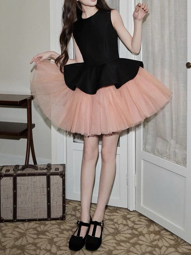 avenement/バレエ風ノースリーブラウンドネックパッチワークメッシュチュチュスカートドレスレディース夏
