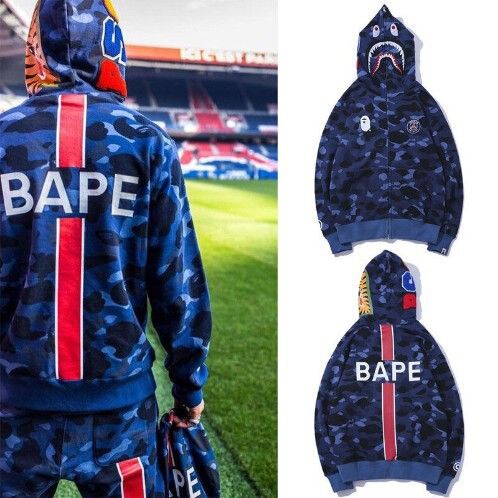 Autumn Trendy Brand Shark Psg Paris Saint-Germain Famous Camouflage Blue Sweatshirt Men's and Women's Jacket Hooded Couple Wear