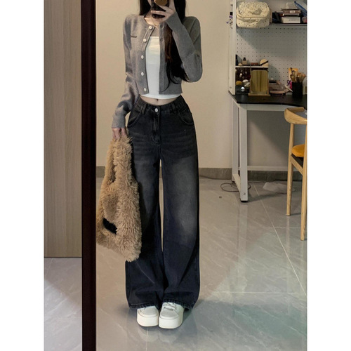Women's American High Street Wide Leg Jeans 2025 New Arrival Petite Retro High Waisted Loose Fitting Slimming Casual Pants
