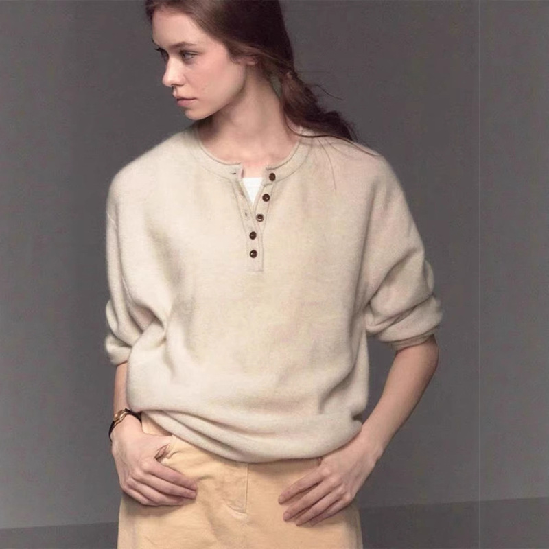 French-Style Lazy Rolled-Edge Round Neck Pullover Sweater for Women, Suitable for Autumn and Winter, Loose and Soft Inner Base Knit Top