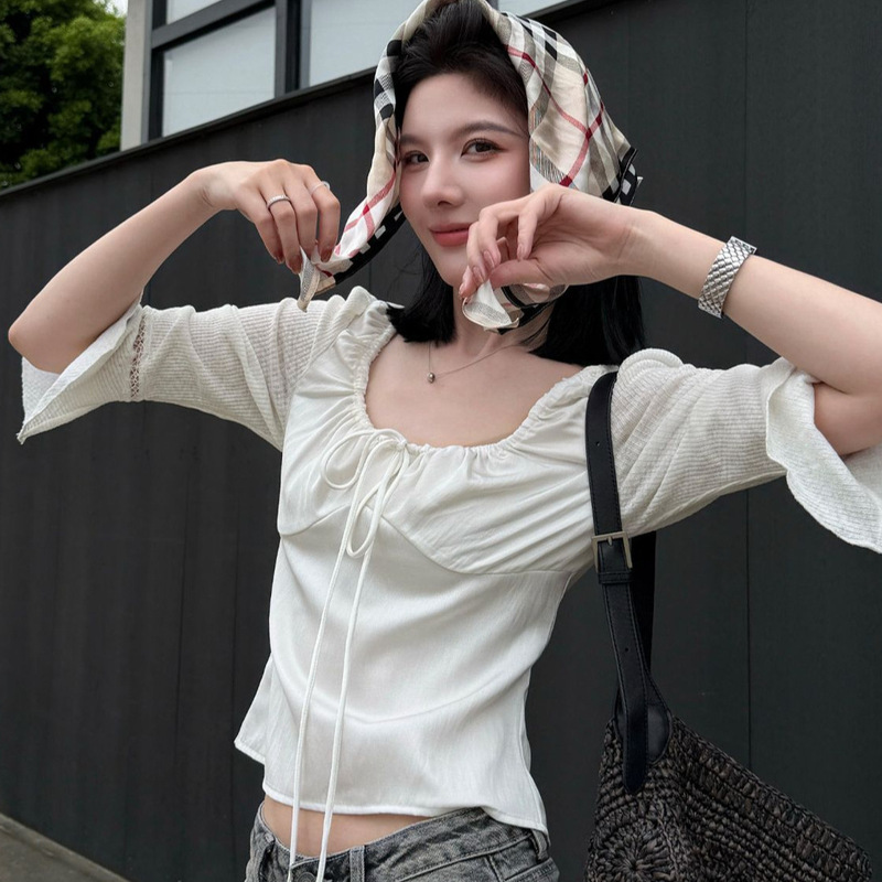2026 Summer New Sweet Style Pleated Lace-Up Short-Sleeve Shirt for Women, Slim-Fit, Elegant and Stylish Top