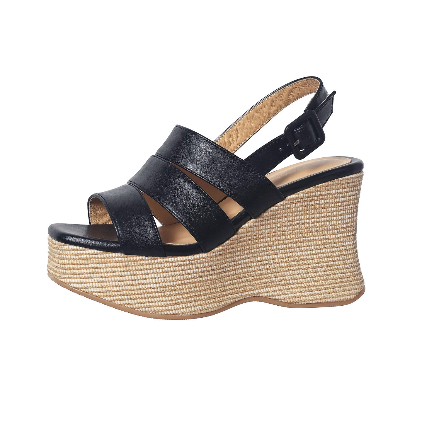 Sandal cao gót nữ hở mũi quai ngang đế xuồng da thật — màu đen, màu trắng ngà