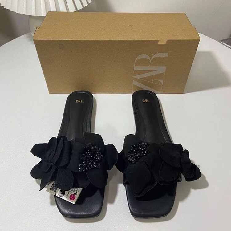 ZA New 2023 Square Toe French Women's Shoes with Rose Flower Open Toe Empty Half-drag Women's Sandals for Women ZA New 2023 Square Toe French Women's Shoes with Rose Flower Open Toe Empty Half-drag Women's Sandals for Women